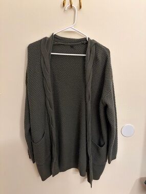 Gray Open-Front Hooded Knit Sweater Cardigan